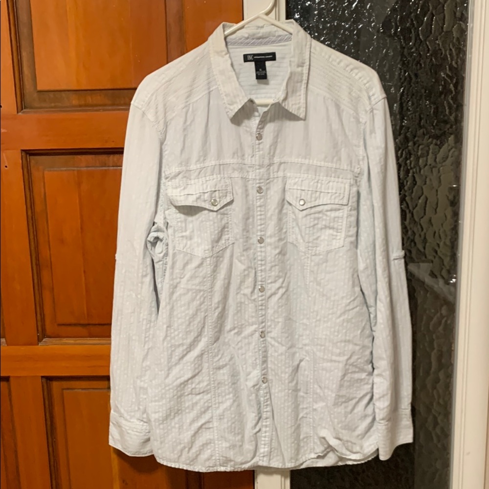Inc. Men's White & Blue Striped Button-Up Dress Shirt